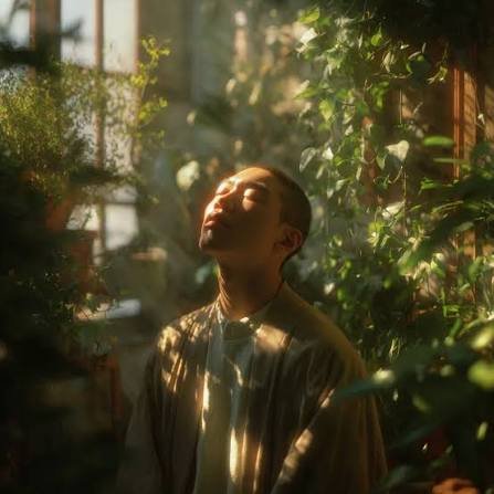 Person taking a quiet restorative moment among green plants
