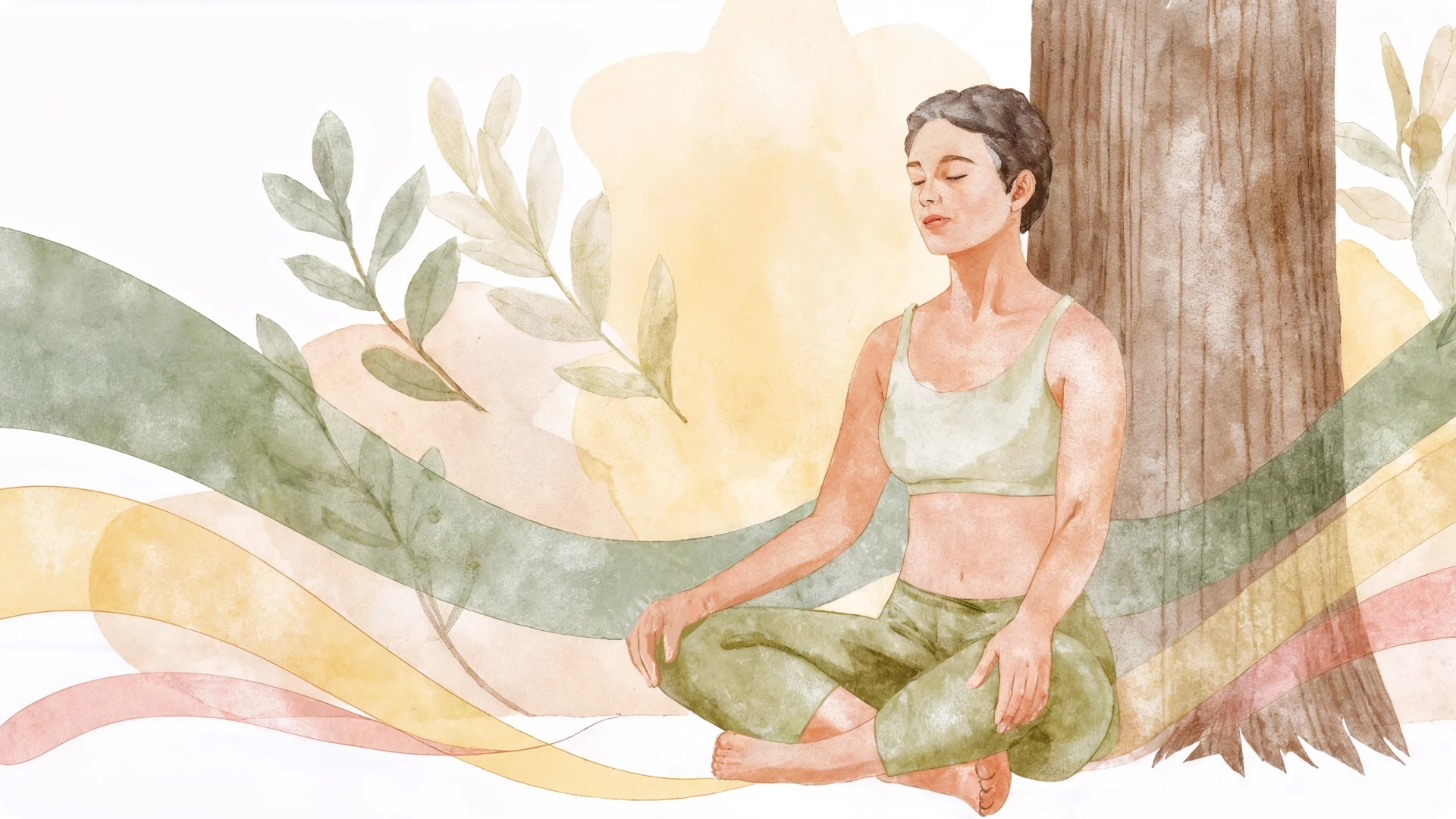 Woman calmly meditating among botanical leaves